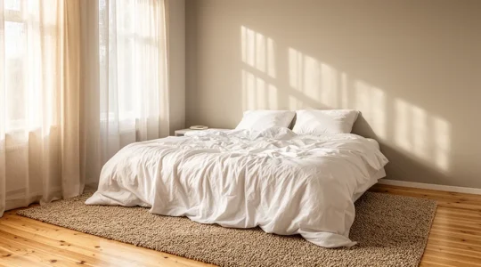 Chambre lumineuse aux draps blancs avec lumière naturelle filtrant par la fenêtre