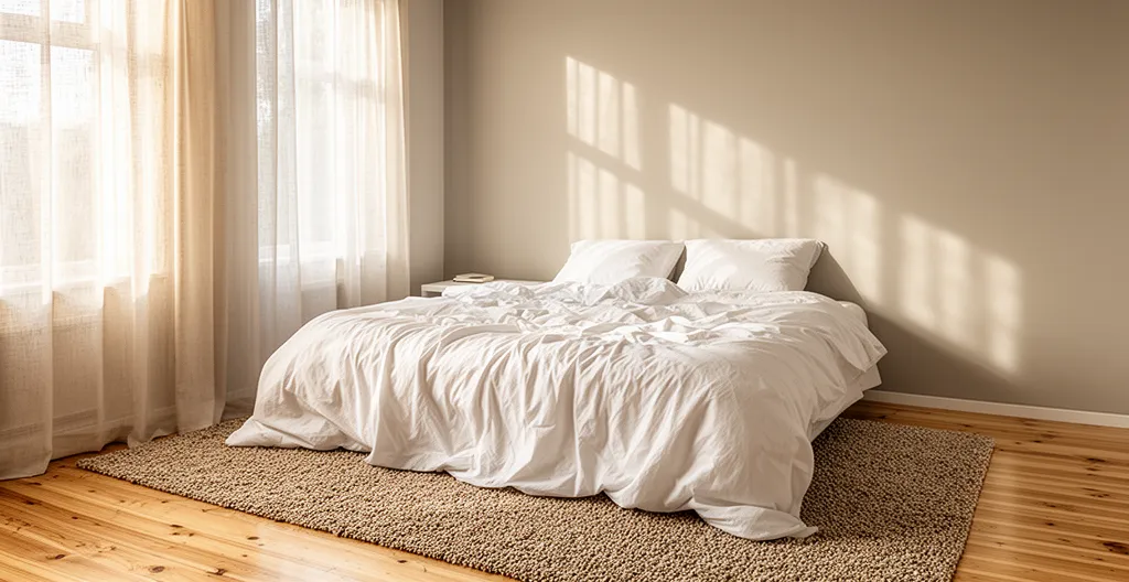 Chambre lumineuse aux draps blancs avec lumière naturelle filtrant par la fenêtre