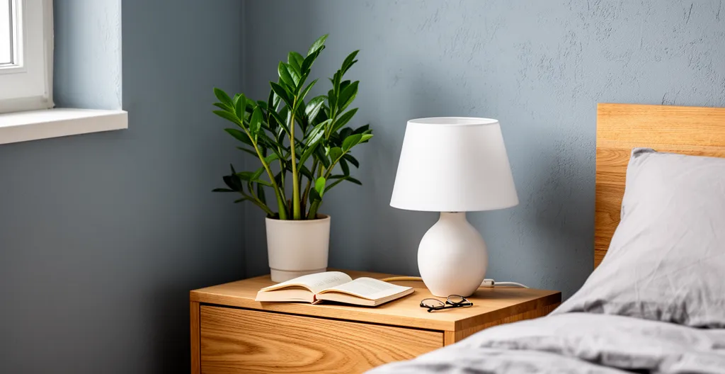 Mur de chambre peint en bleu-gris doux avec table de chevet en bois naturel
