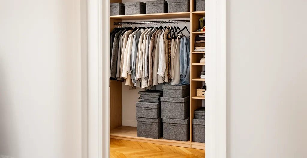 Placard de chambre entrouvert montrant vêtements organisés sur cintres