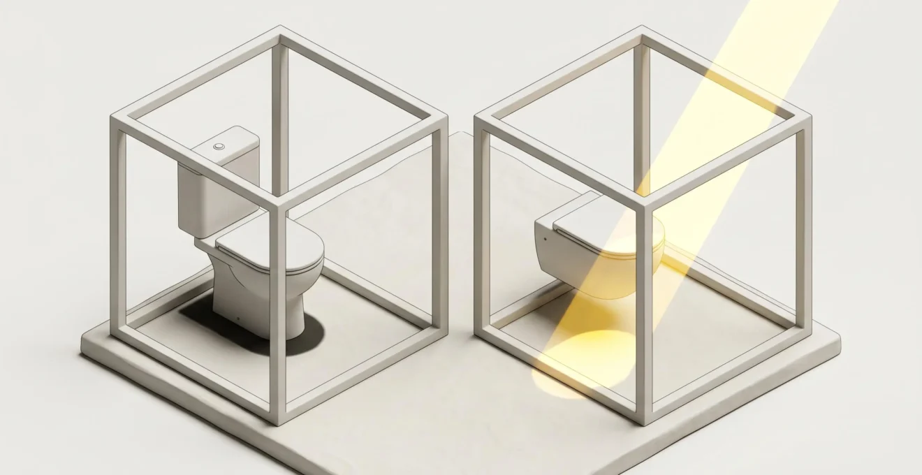 Illustration 3D isométrique comparant deux cubes : à gauche WC au sol avec ombre occupant l'espace, à droite WC suspendu libérant le sol traversé par rayon de lumière dorée