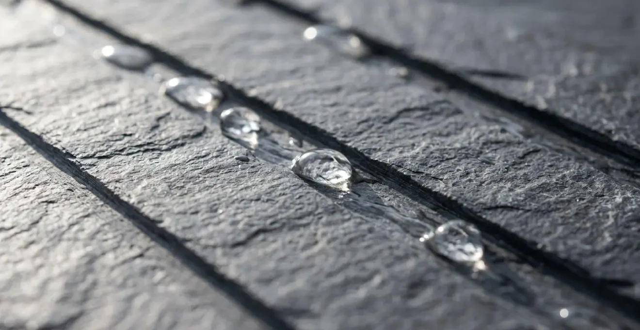 Vue macro de surface en ardoise inclinée avec rainures parallèles, gouttes d'eau cristallines s'écoulant le long des rainures, capturées en mouvement