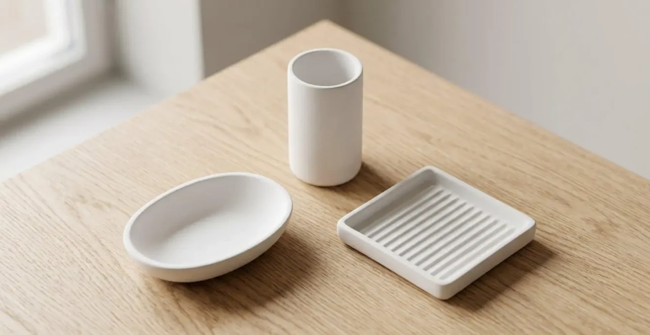 Trois objets en céramique blanche disposés en triangle sur surface bois clair : bol ovale, cylindre vertical et plateau carré rainuré, symbolisant les trois équipements essentiels d'une salle d'eau
