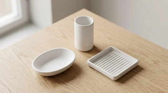 Trois objets en céramique blanche disposés en triangle sur surface bois clair : bol ovale, cylindre vertical et plateau carré rainuré, symbolisant les trois équipements essentiels d'une salle d'eau