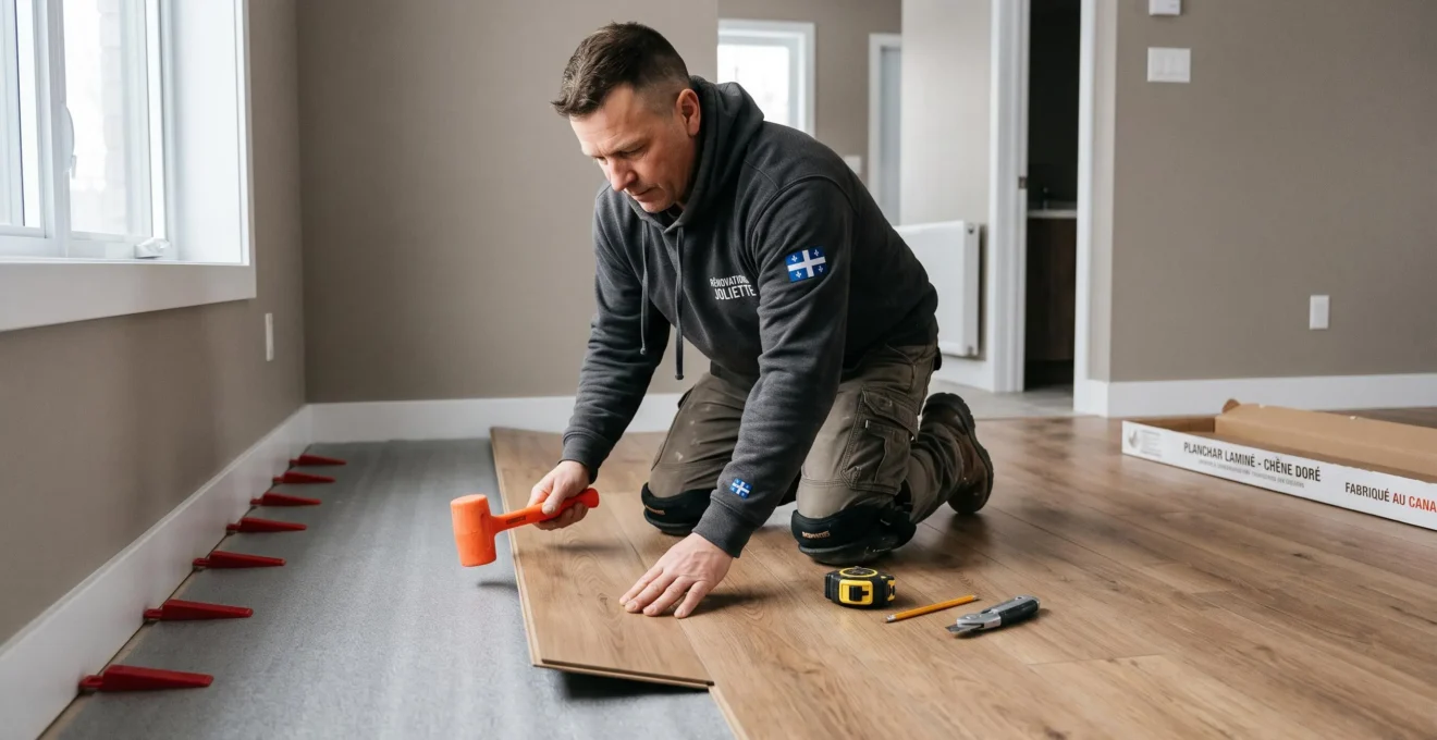 Installateur professionnel agenouillé posant des lames de plancher flottant stratifié dans une résidence à Joliette, outils spécialisés et sous-couche visibles, lumière naturelle