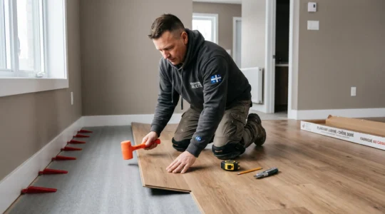 Installateur professionnel agenouillé posant des lames de plancher flottant stratifié dans une résidence à Joliette, outils spécialisés et sous-couche visibles, lumière naturelle