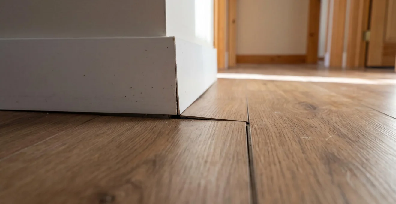 Gros plan sur joints de plancher flottant légèrement disjoints révélant un défaut d'installation, lumière naturelle rasante, intérieur résidentiel
