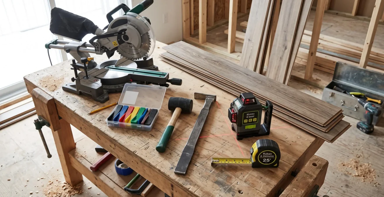 Ensemble d'outils professionnels pour installation de plancher flottant disposés sur établi de chantier : scie, cales d'espacement, maillet, niveau laser et lames de plancher